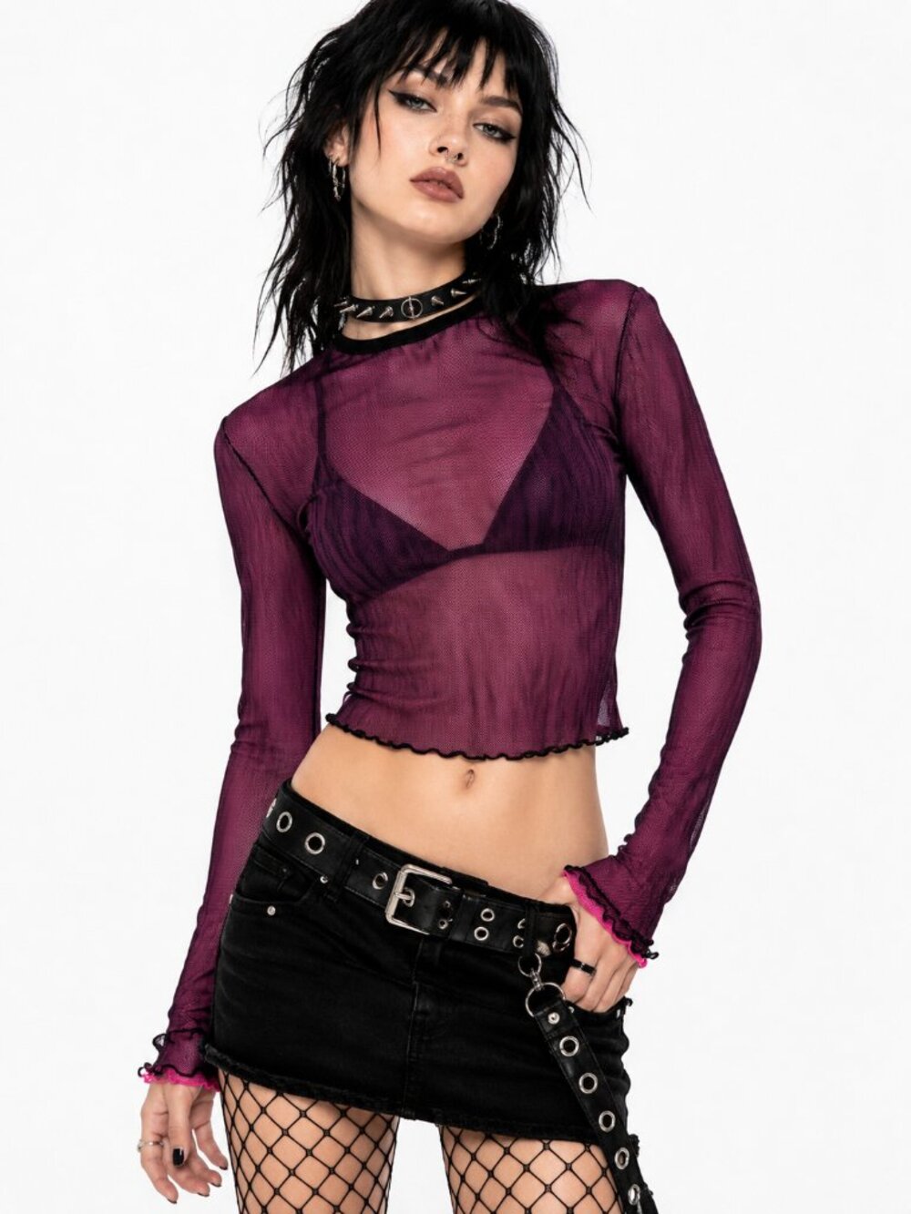 Current Mood Dolls Kill Double Layer Mesh Top Small Black Pink Lettuce Hem Y2K